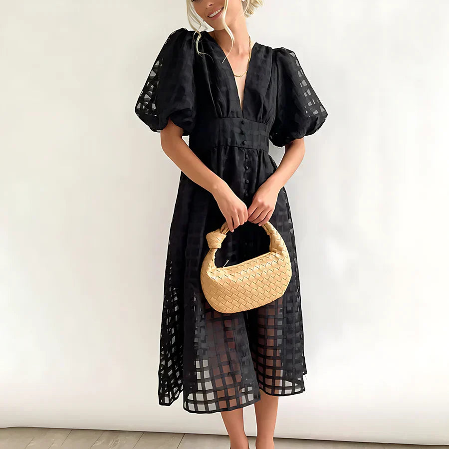 Cindy™ | Classic Midi Dress with Puff Sleeves