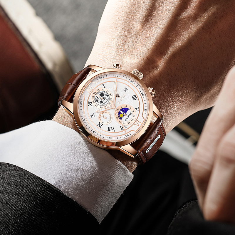 Luxury Chronograph Watch with Genuine Leather Strap