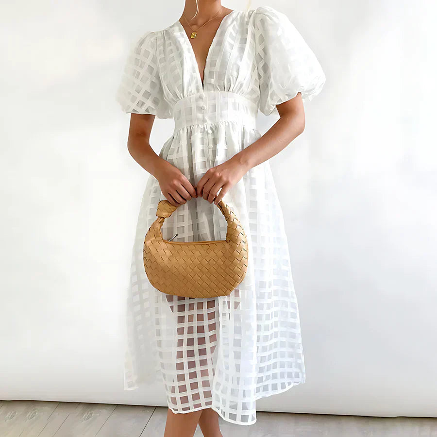 Cindy™ | Classic Midi Dress with Puff Sleeves