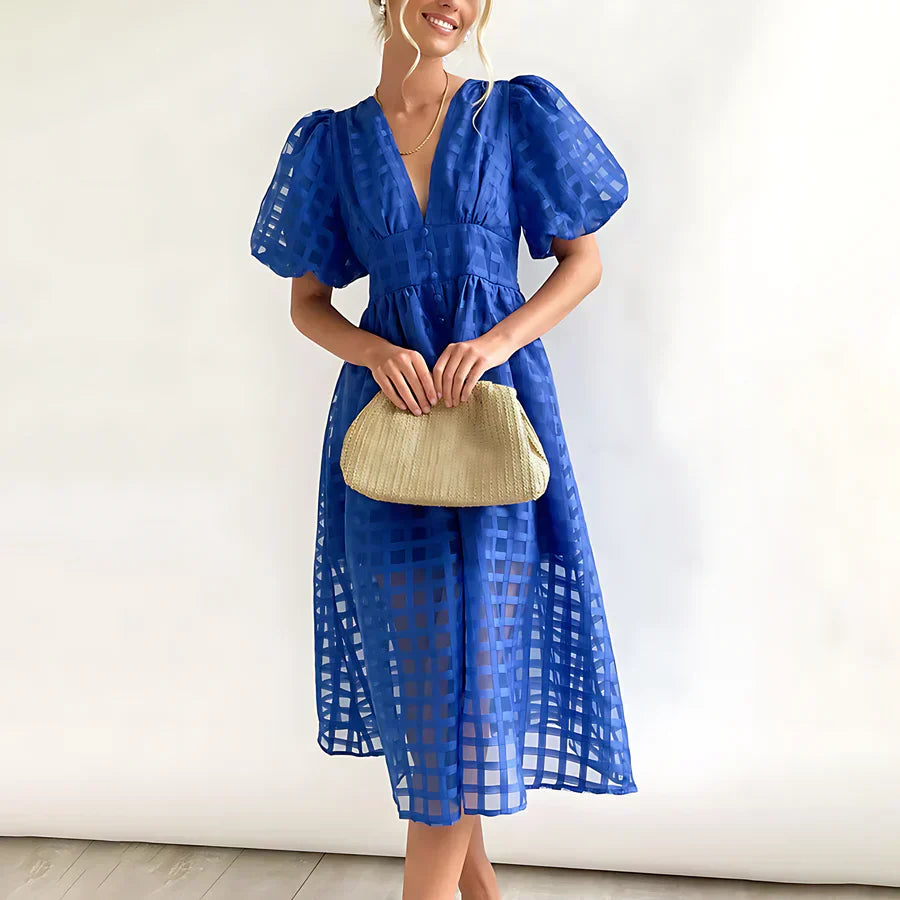 Cindy™ | Classic Midi Dress with Puff Sleeves