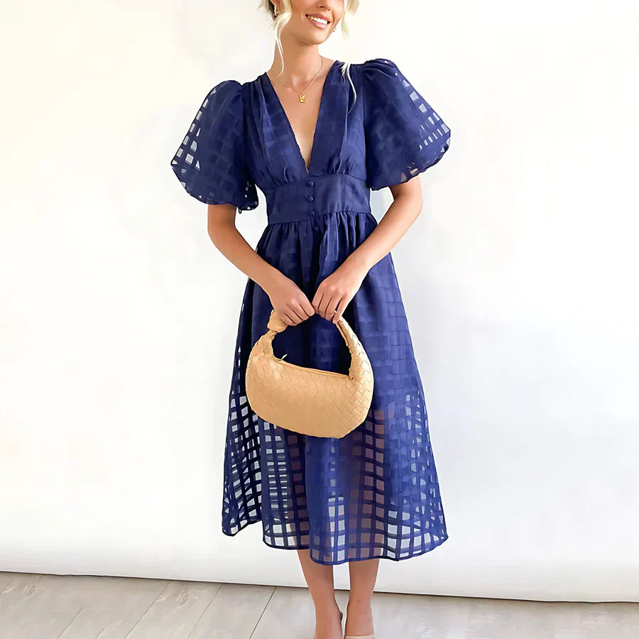 Cindy™ | Classic Midi Dress with Puff Sleeves
