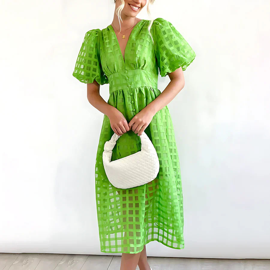 Cindy™ | Classic Midi Dress with Puff Sleeves